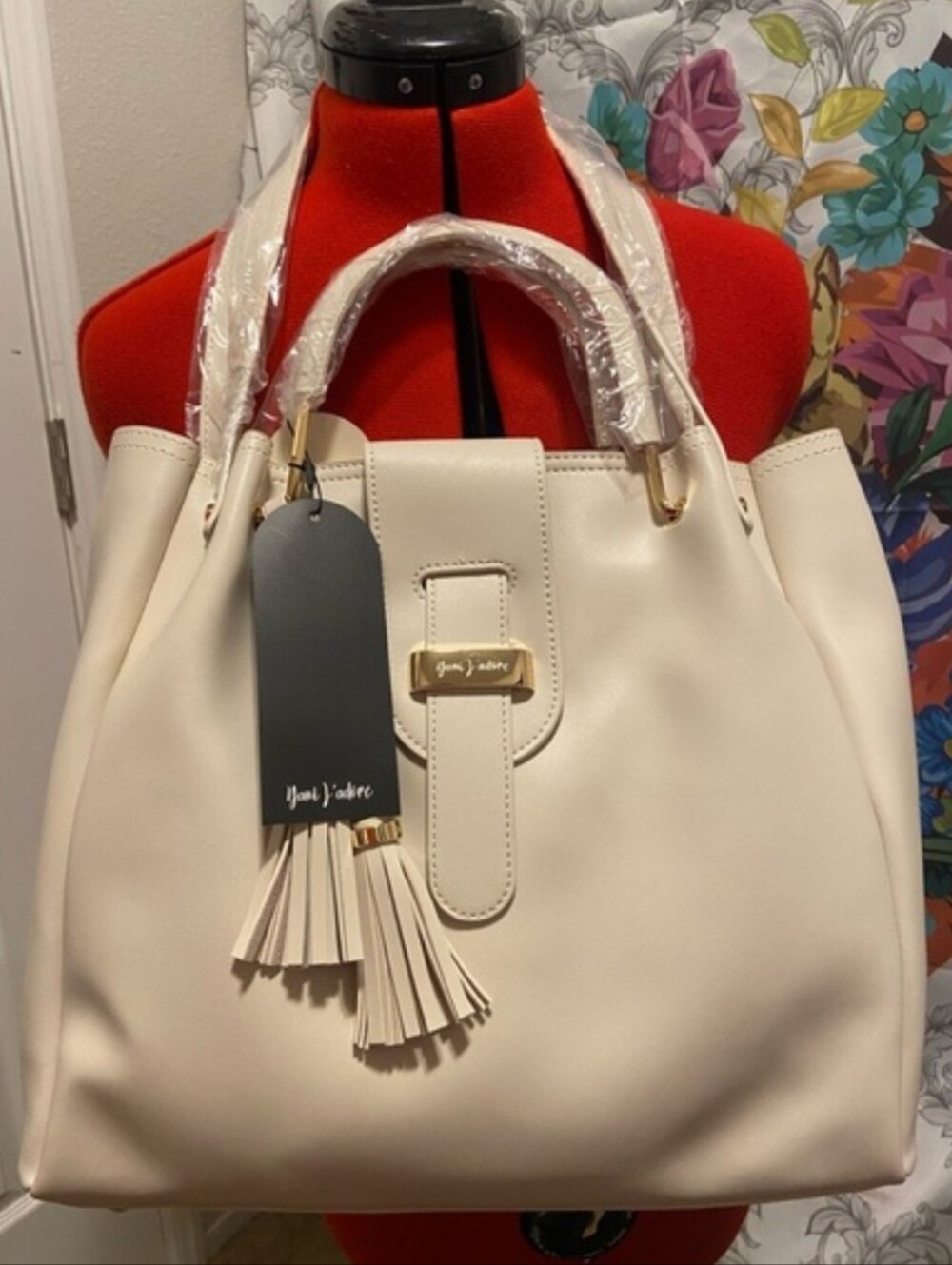 YANI J'ADORE Beige Bliss Collection, Cream Faux-Leather Tote with Tassel Detail